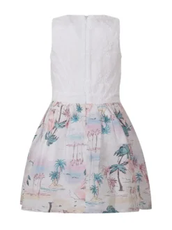 Sleeveless Mixed Fabric Dress with Tropical Print