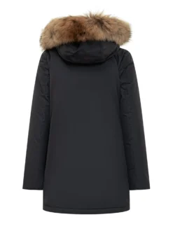 Woolrich black parka with fur hood and buttons