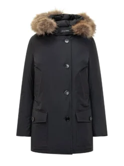 Woolrich black parka with fur hood and buttons